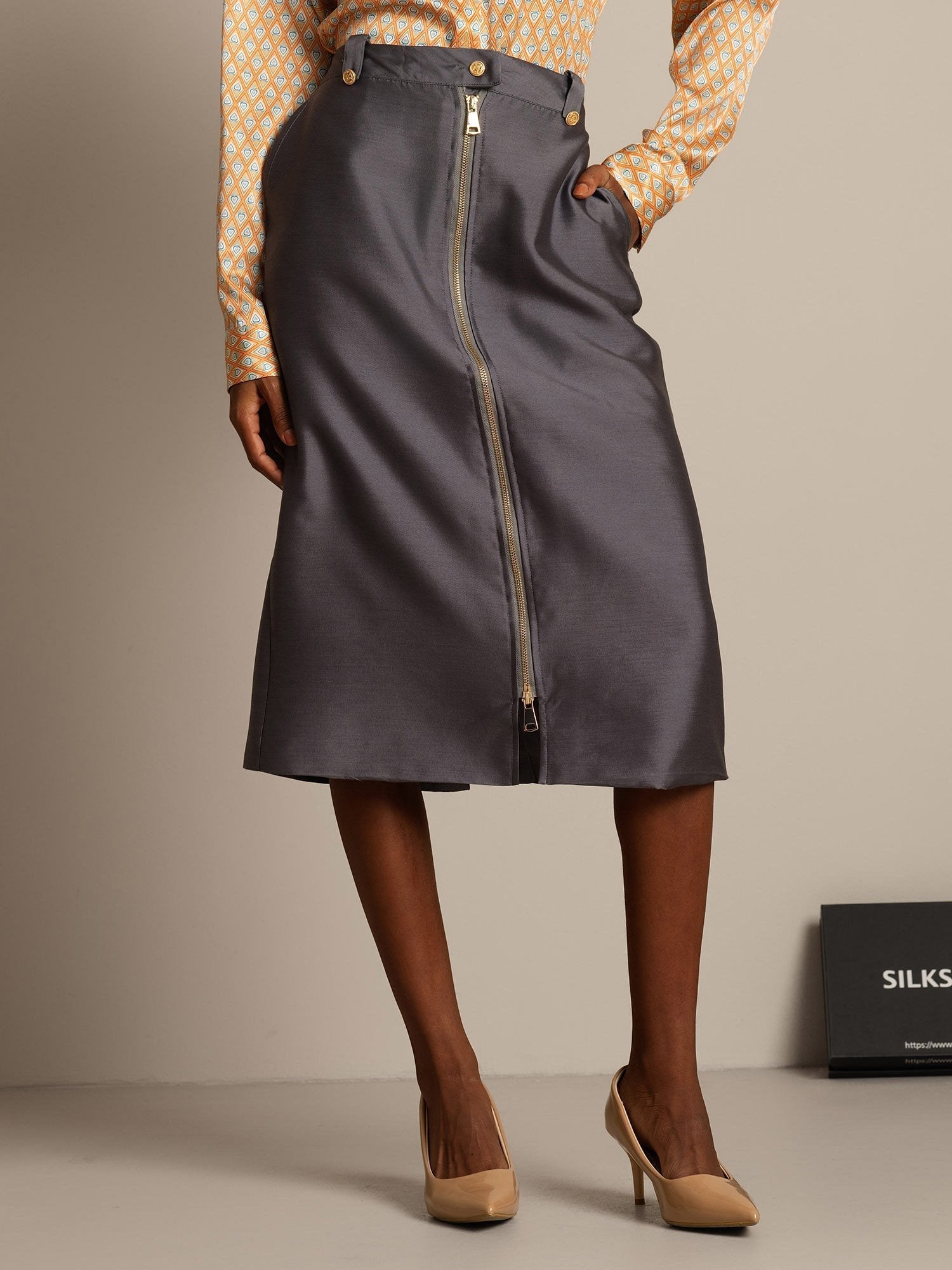 [Gray] SilkSilky-UK 32Momme Silk-Wool Blend Split Skirt 003,