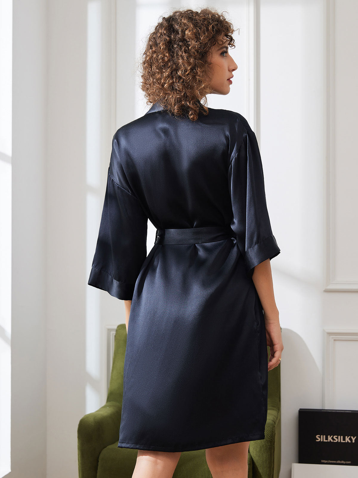 [Black] SilkSilky-UK Pure Silk 3/4 Sleeve Wrap Women's Dressing Gown 002