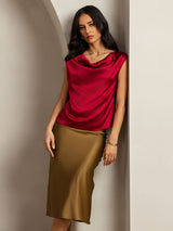 [Wine] SilkSilky-UK Cap Sleeve Cowl Neck Women's T-Shirt 001