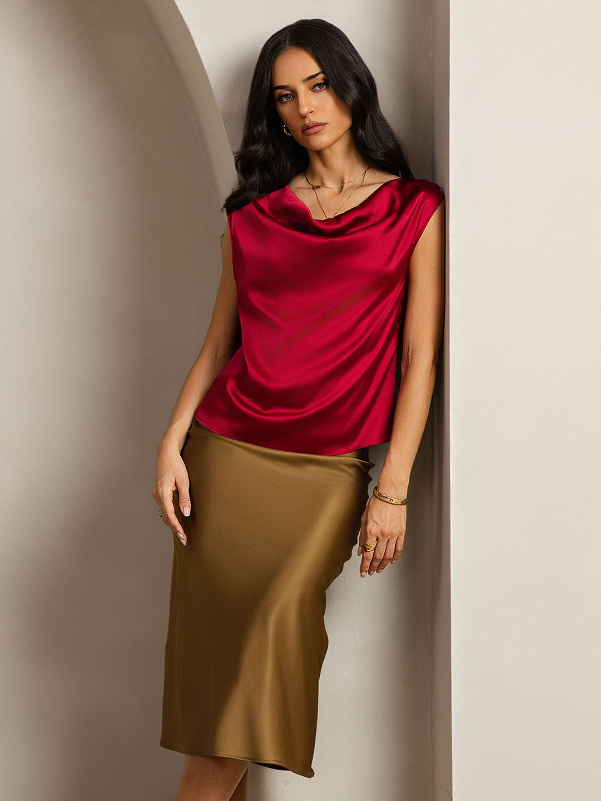 [Wine] SilkSilky-UK 19Momme Silk Cap Sleeve Cowl Neck Women's T-Shirt 004