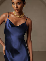 [Dark Blue] SilkSilky-UK Spaghetti Strap Cowl Neck Dress 007
