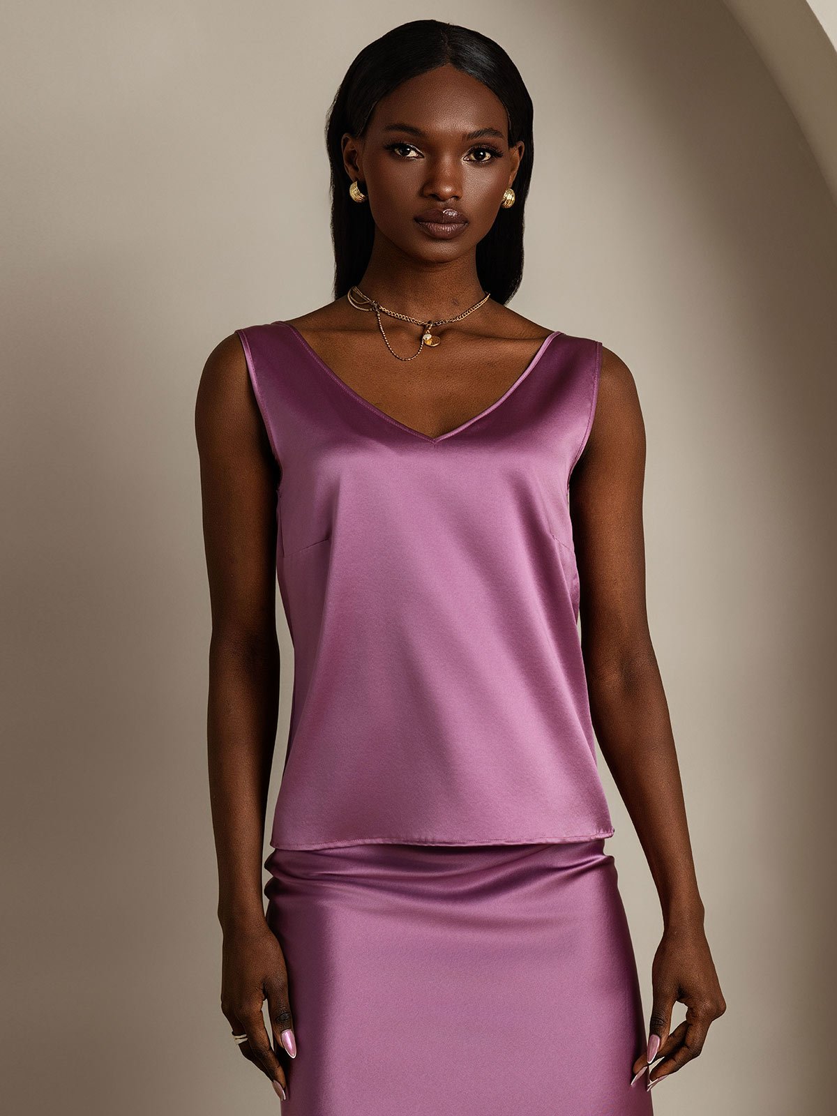 SilkSilky-UK 19Momme Silk V Neck Camisole DeepPurple 001