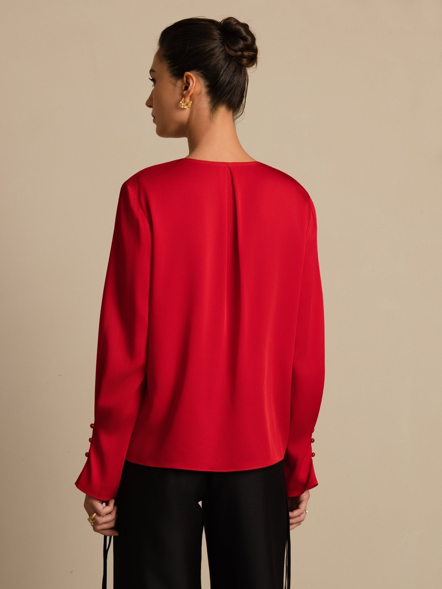 [Wine] SilkSilky-UK 19Momme Stretch Silk Double Georgette Long Sleeve V Neck Blouse 002