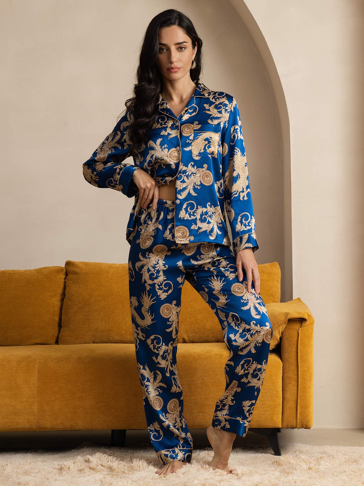 SilkSilky-UK Pure Silk Long Sleeve Lapel Women's Pyjamas Blue 004