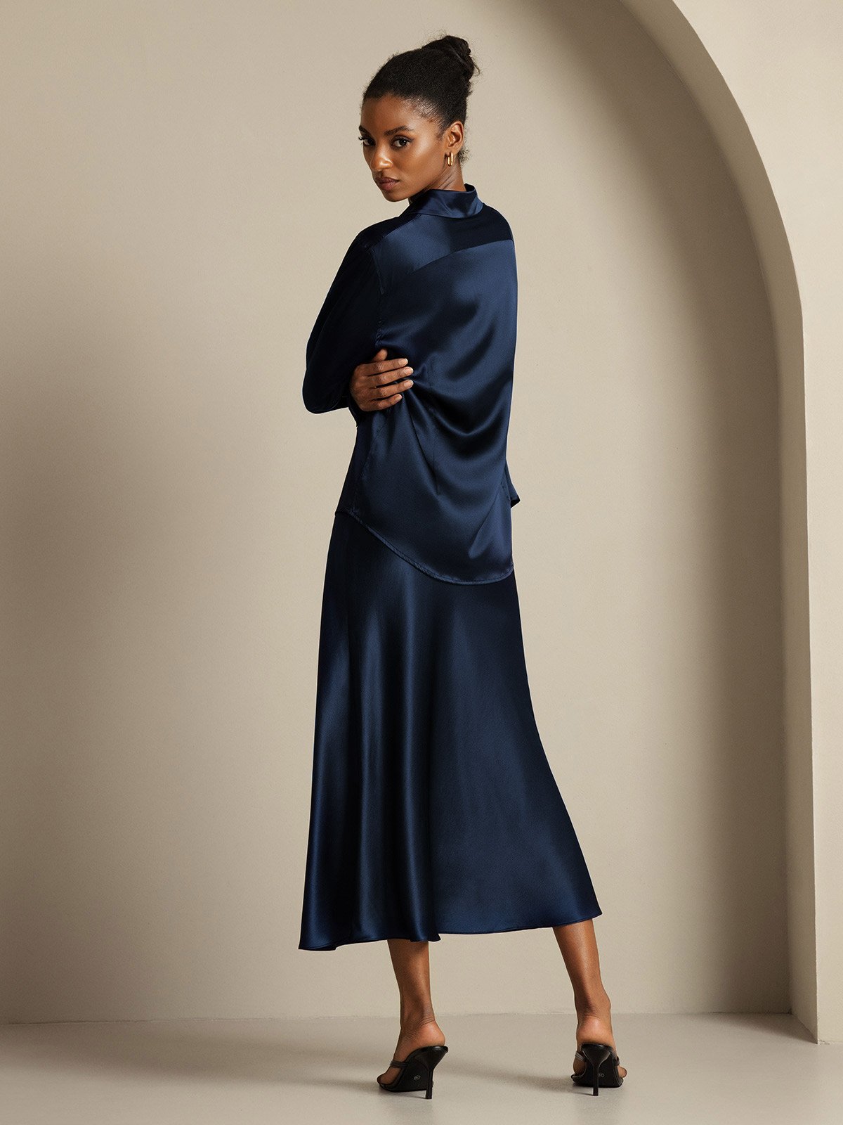 [Dark Blue] SilkSilky-UK 19Momme Silk Knitted Collar Women''s Outfit Sets 005,