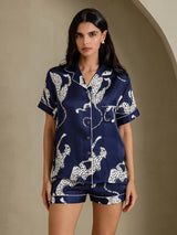 [Navy Cheetah] SilkSilky-UK Short Sleeve Notch Collar Women's Pyjamas 004