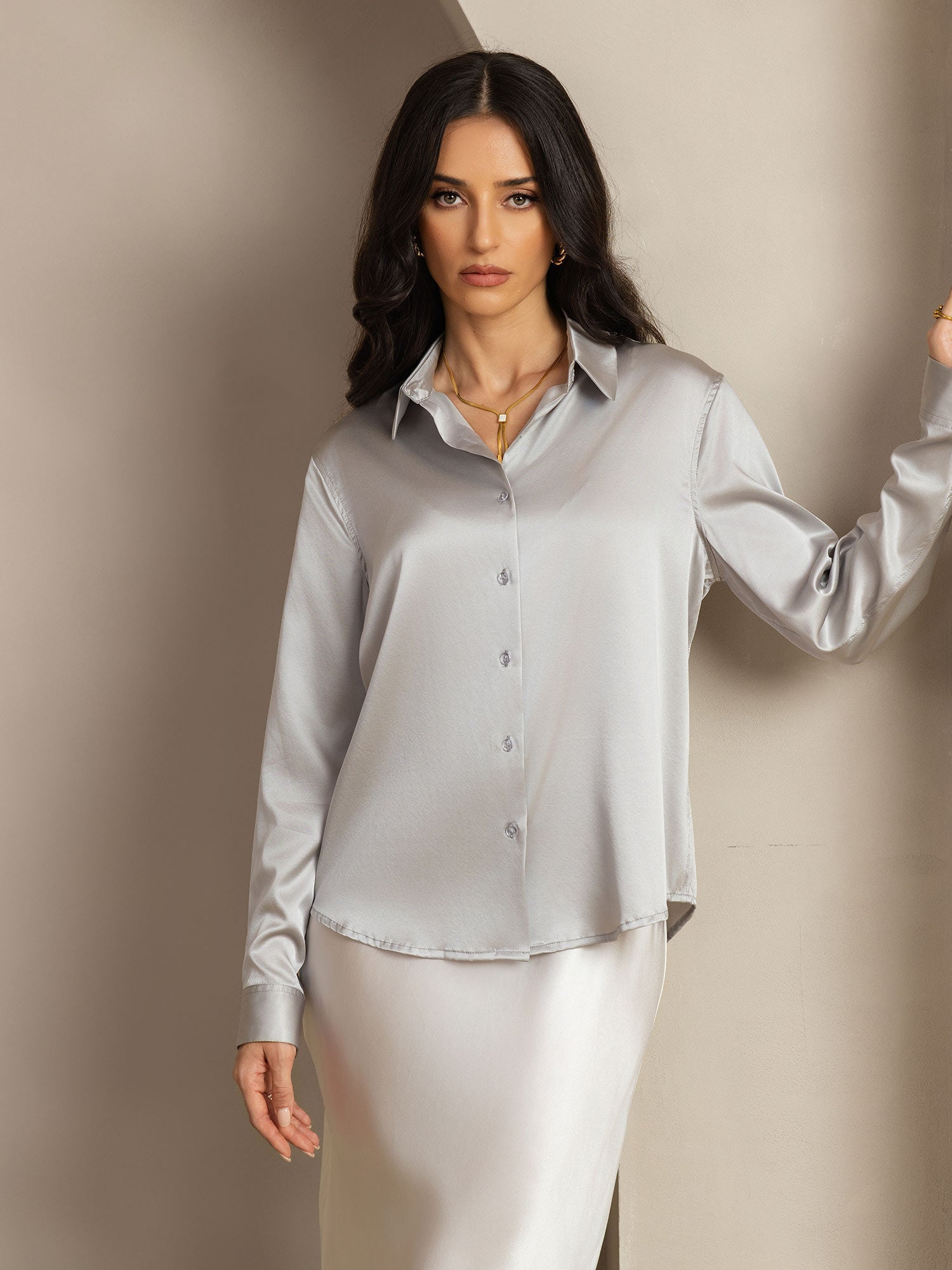 [Light Gray] SilkSilky-UK Silk Long Sleeve Collar Women's Shirt 011