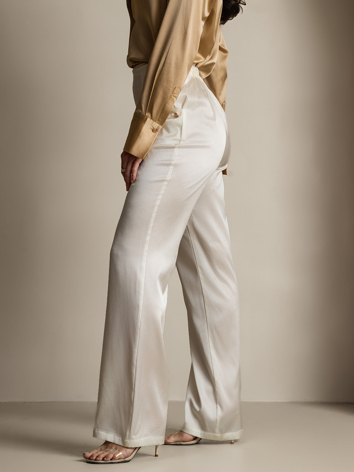 [White] SilkSilky-UK 19Momme Stretch Silk Charmeuse Women's Pants 007
