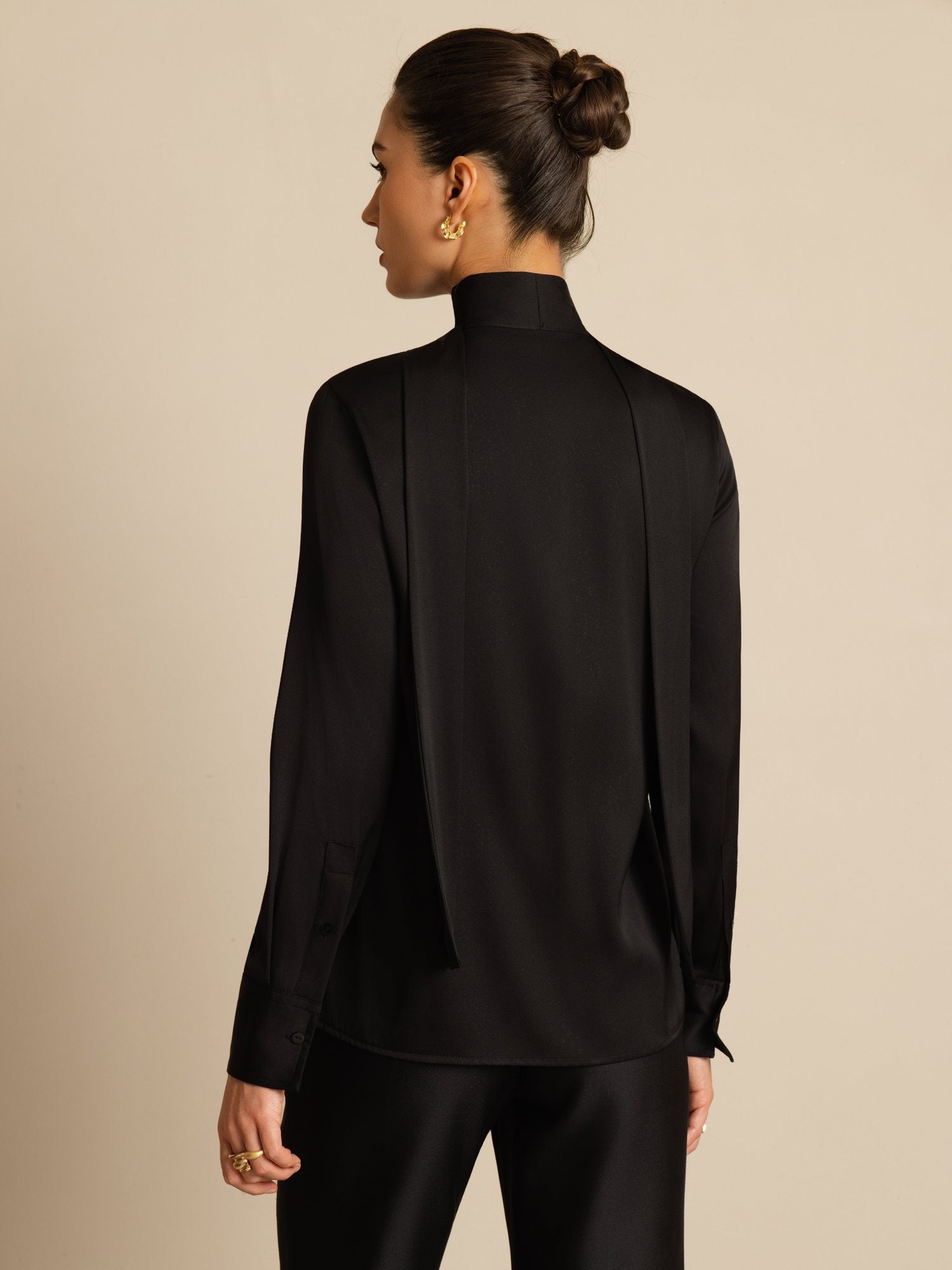 [Black] SilkSilky-UK 19Momme Silk Long Sleeve Tie Neck Blouse 002