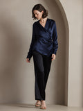 SilkSilky UK 19Momme Silk Long Sleeve V Neck Women's Shirt DarkBlue 005