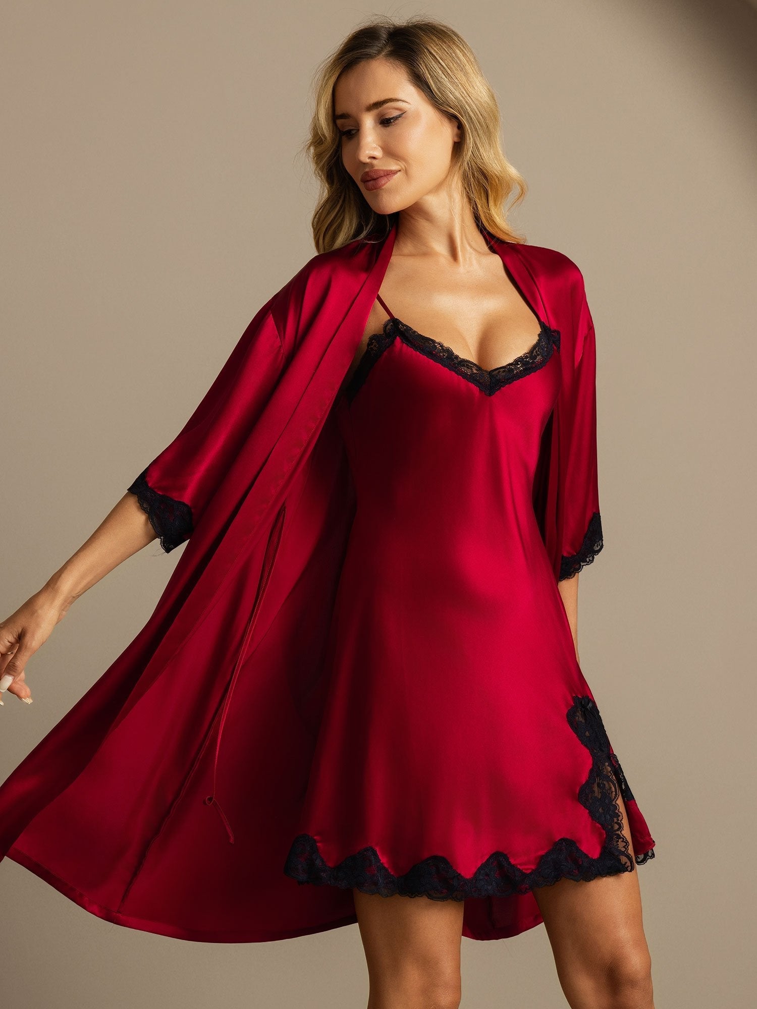 [Wine] SilkSilky-UK Pure Silk V Neck Nightdress&Dressing gowns 004