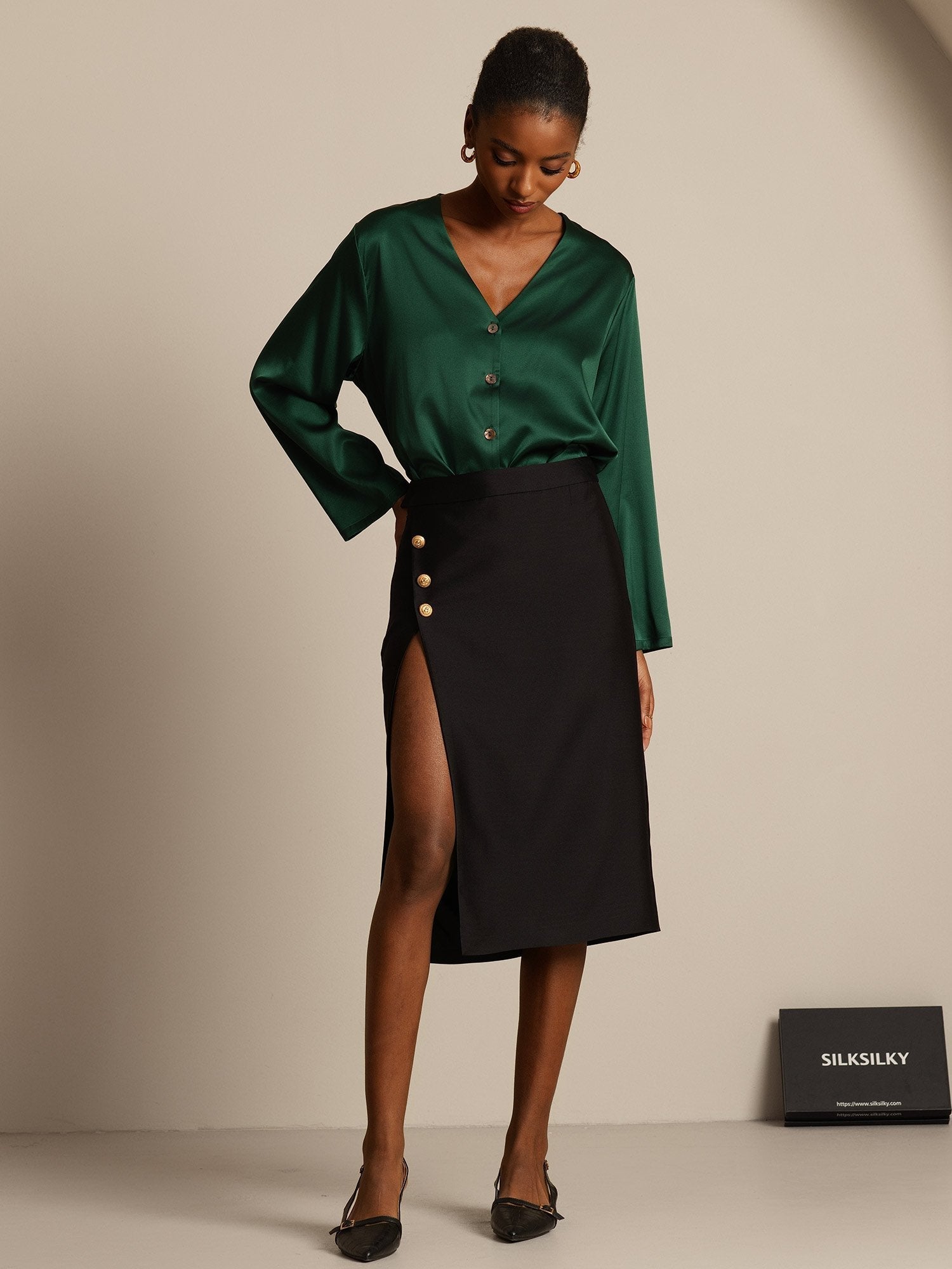 [Black] SilkSilky-UK 32Momme Silk-Wool Blend Split Skirt 008,