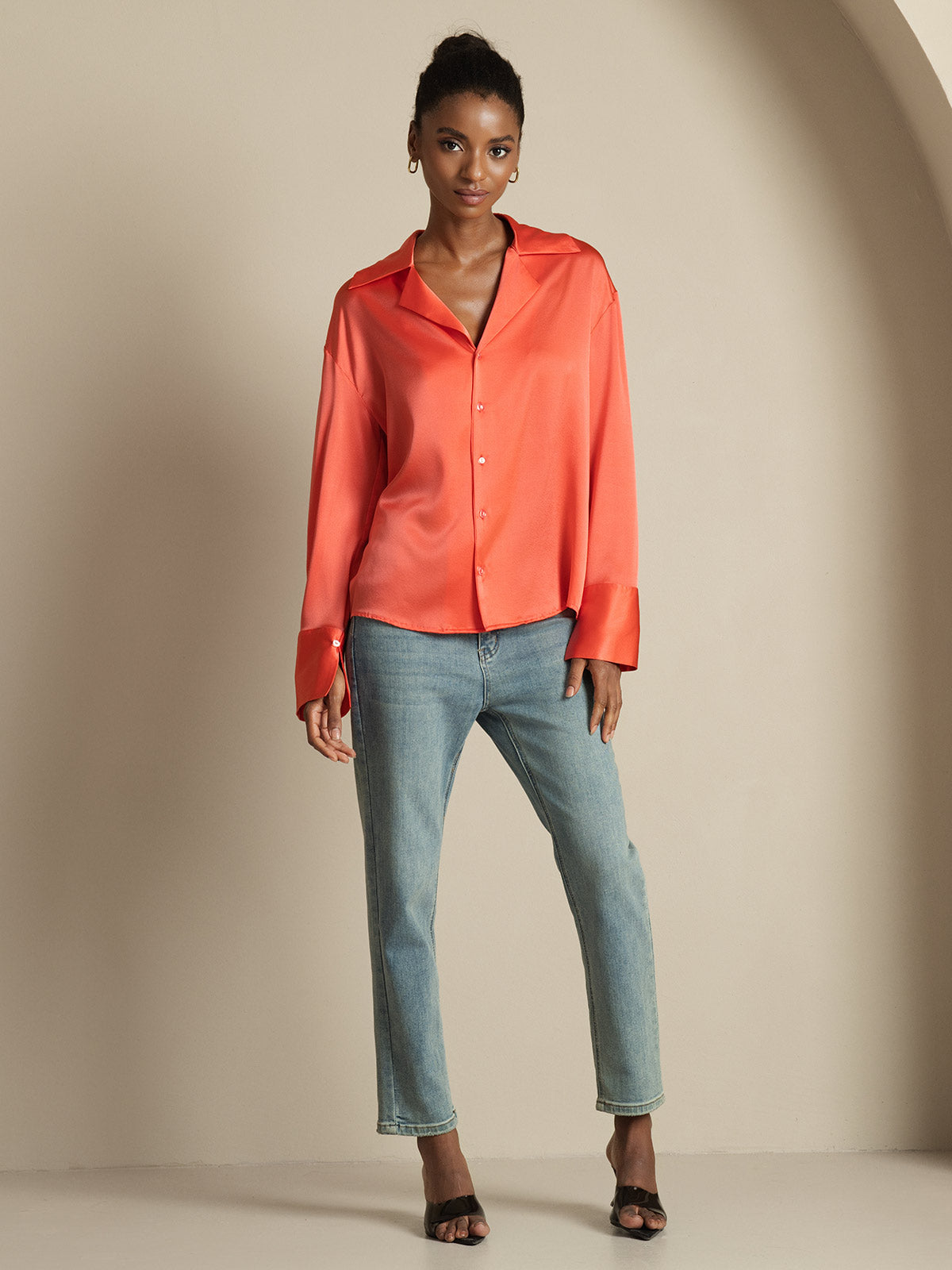 [Imperial Red] SilkSilky-UK 19Momme Silk Notch Collar Women's Shirt 008