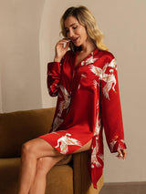 [Dark Red] SilkSilky-UK Long Sleeve Lapel Collar Nightshirt 007