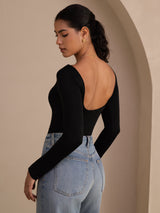[Black] SilkSilky-UK Long Sleeve U Neck Women's T-Shirt 001
