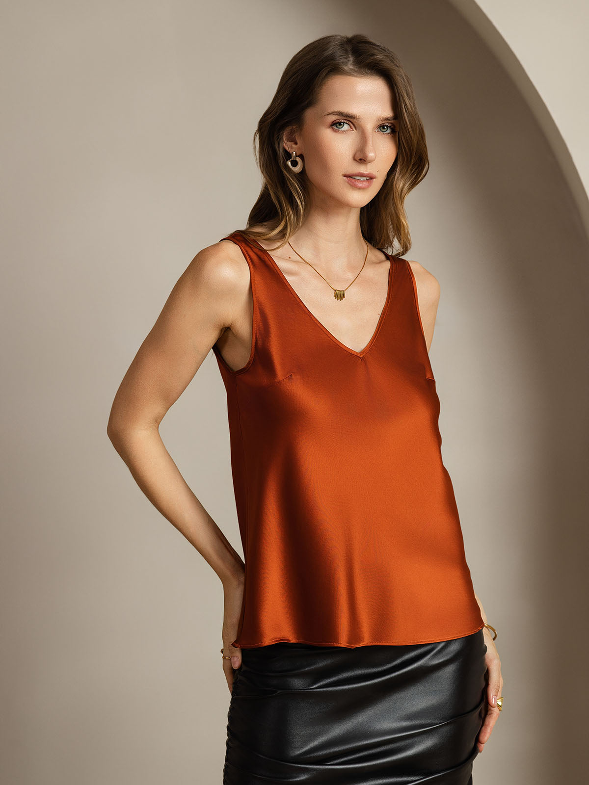 [Caramel] SilkSilky-UK 19Momme Silk V Neck Camisole 002