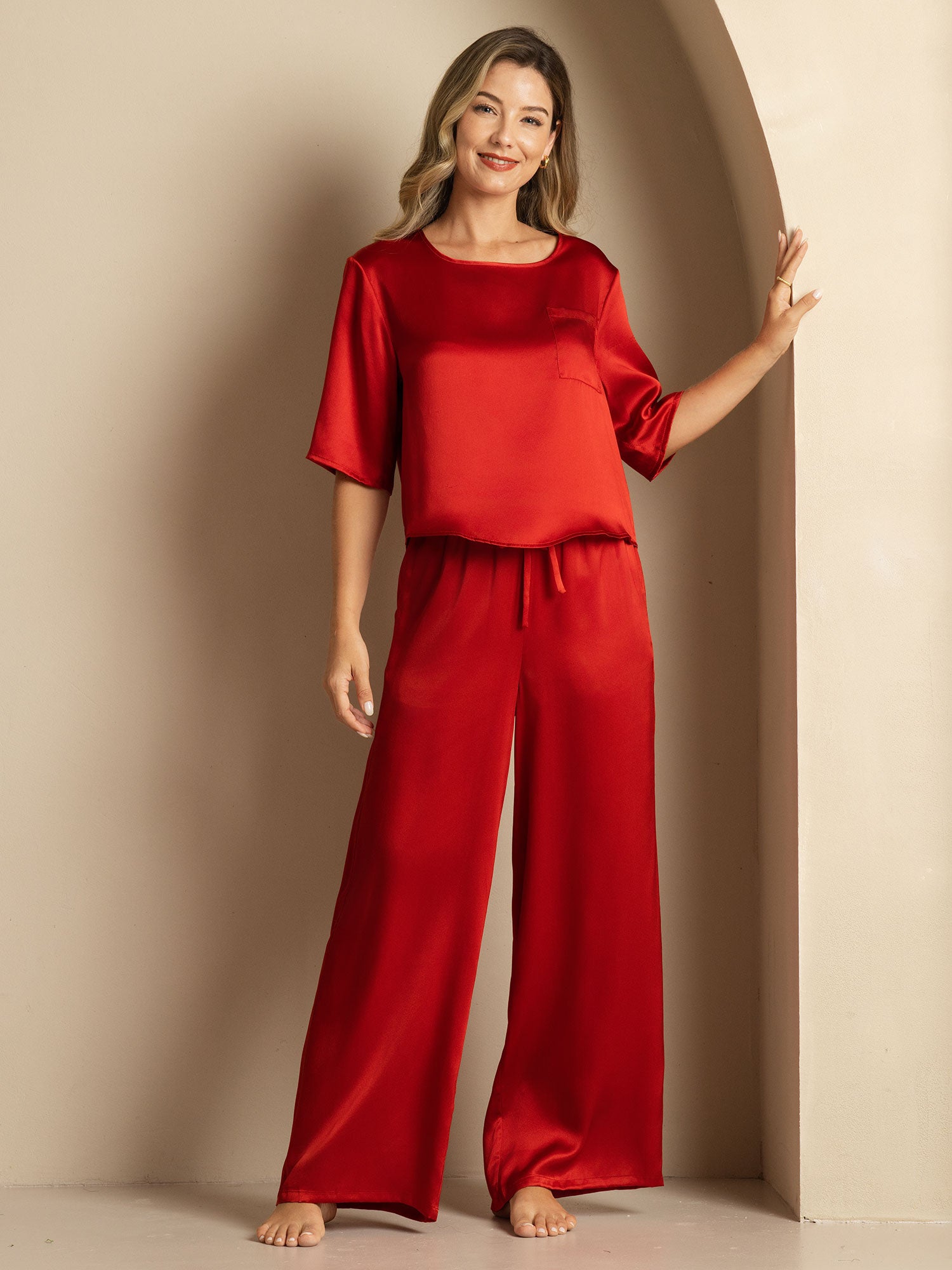 [Wine] SilkSilky-UK Pure Silk Round Neck Women's Pyjamas 005