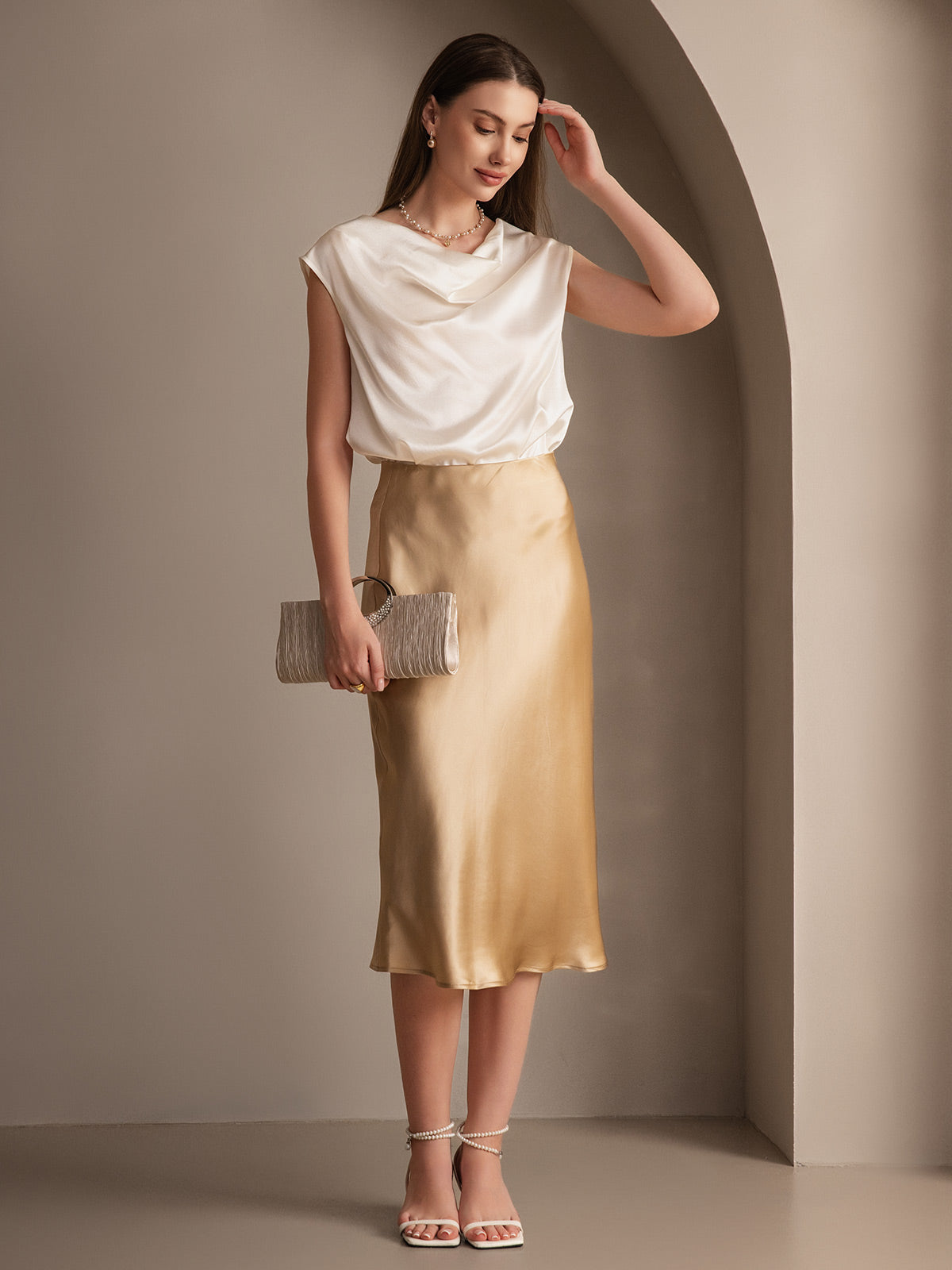 [Champagne] SilkSilky-UK 19Momme Pure Silk Skirt 006,