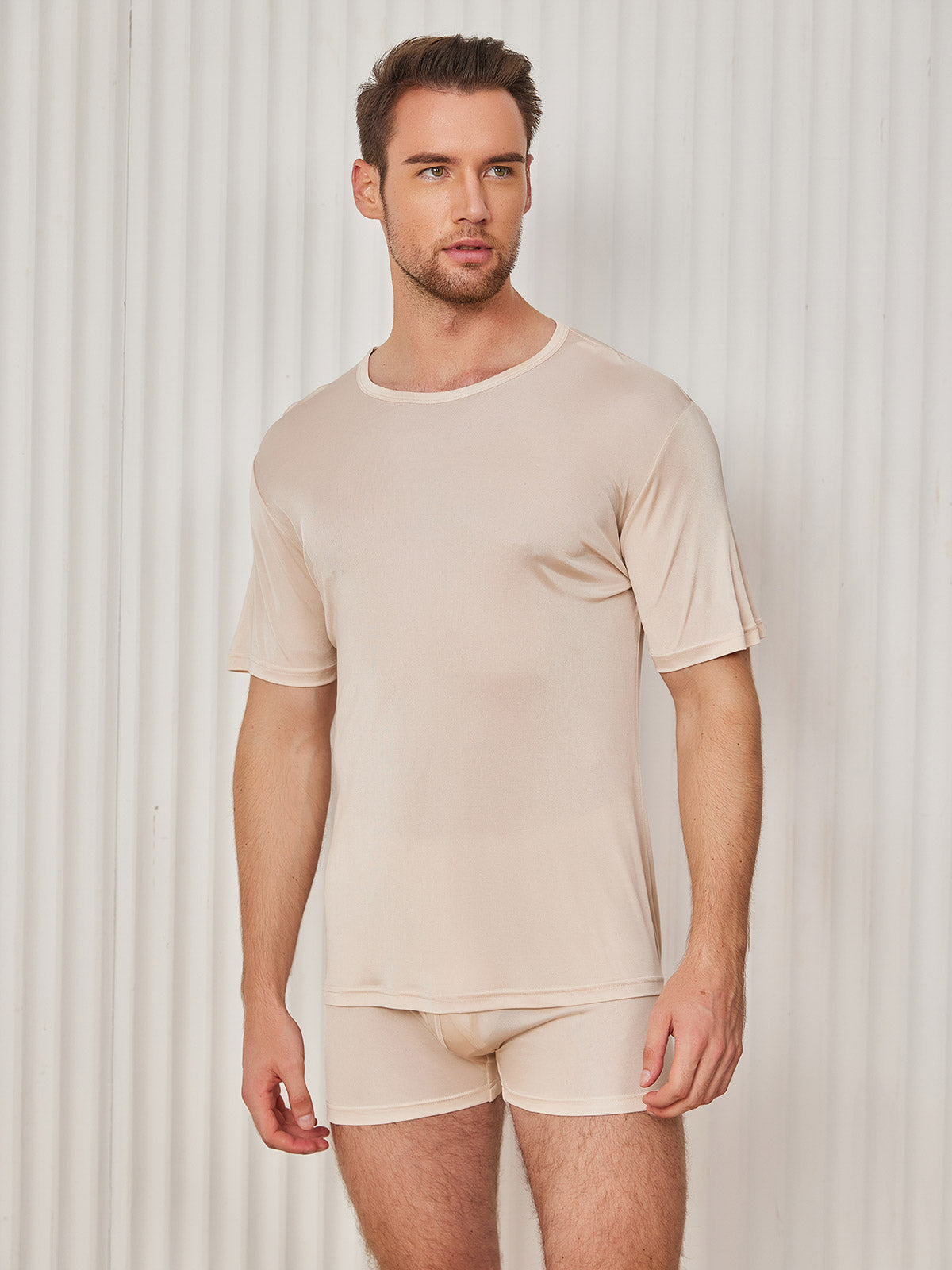 SilkSilky-UK-Silk-Knitted-Short-Sleeve-Round-Neck-Men's-T-Shirt-Beige-001