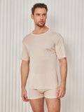 SilkSilky-UK Silk Knitted Short Sleeve Round Neck Men's T-Shirt Beige 001