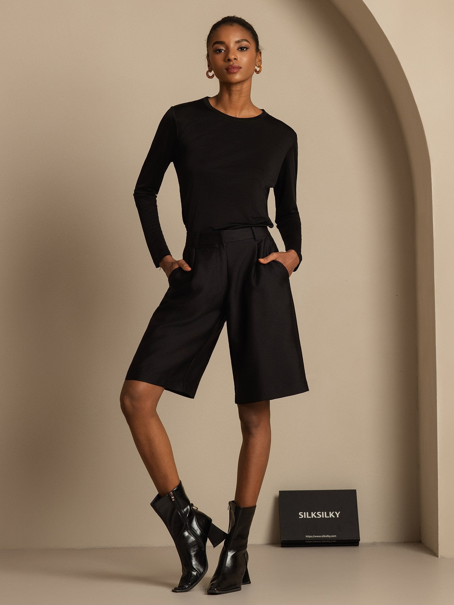 [Black] SilkSilky-UK 32Momme Silk-Wool Blend Womens Shorts 005,