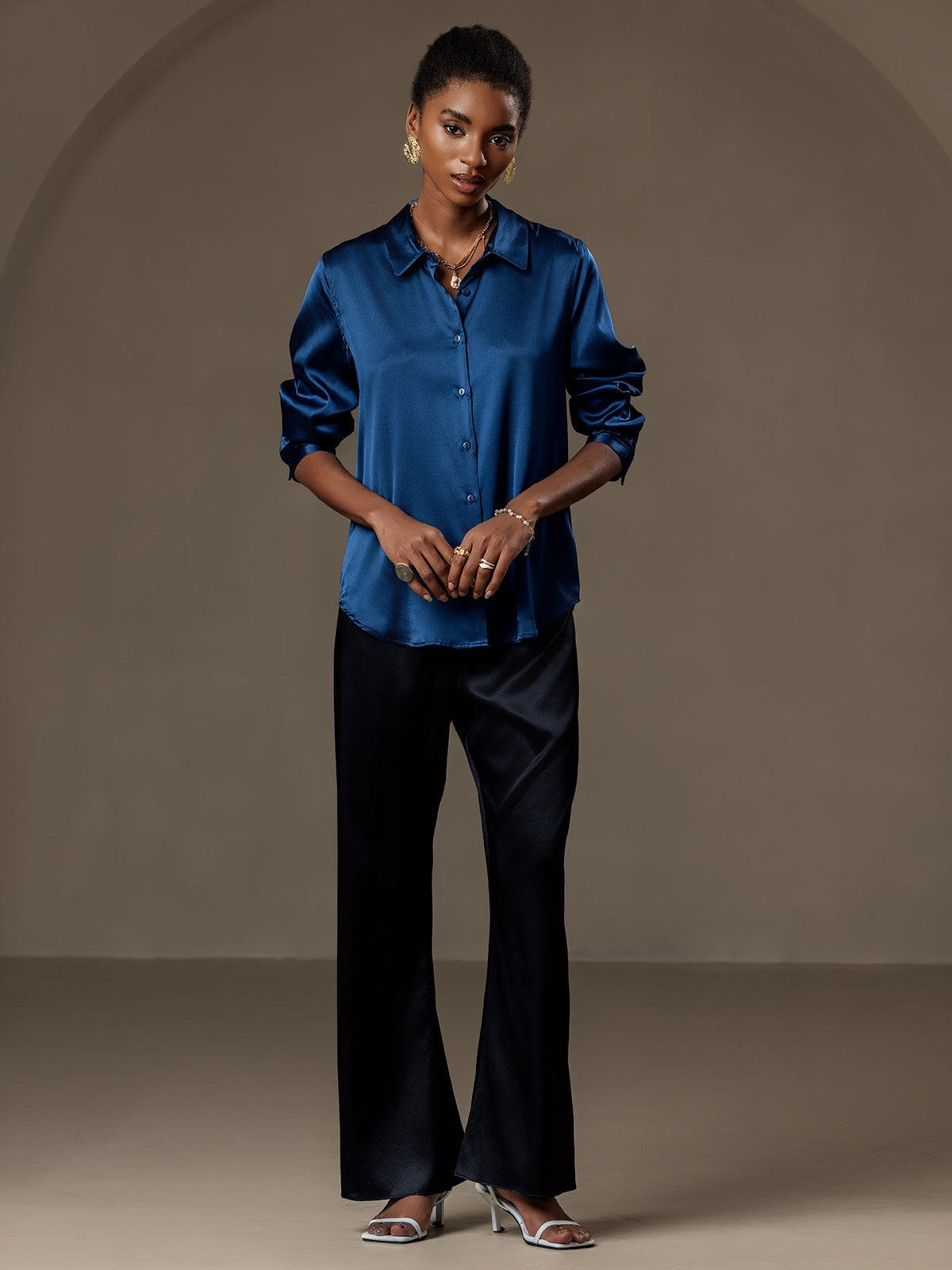 [Teal] SilkSilky-UK Silk Long Sleeve Collar Women's Shirt 005