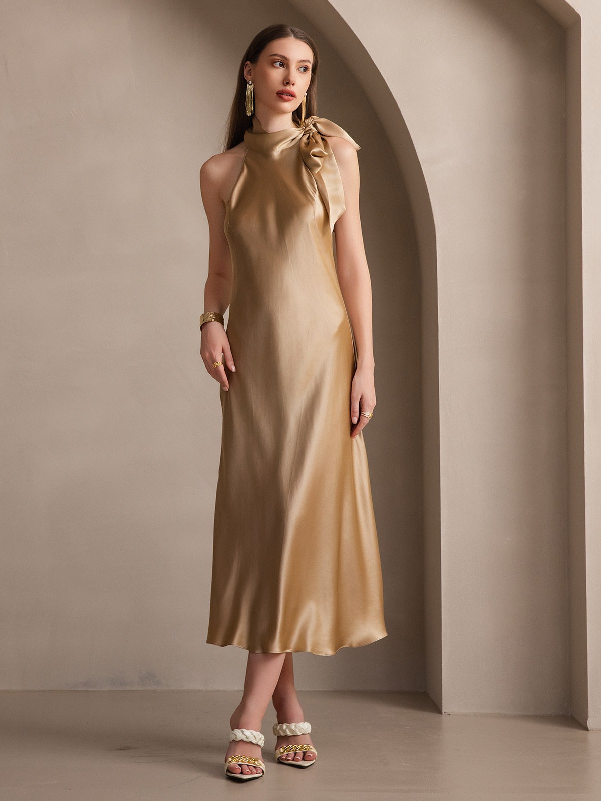 [Champagne] SilkSilky-UK 19Momme Silk Sleeveless Tie Neck Dress 005