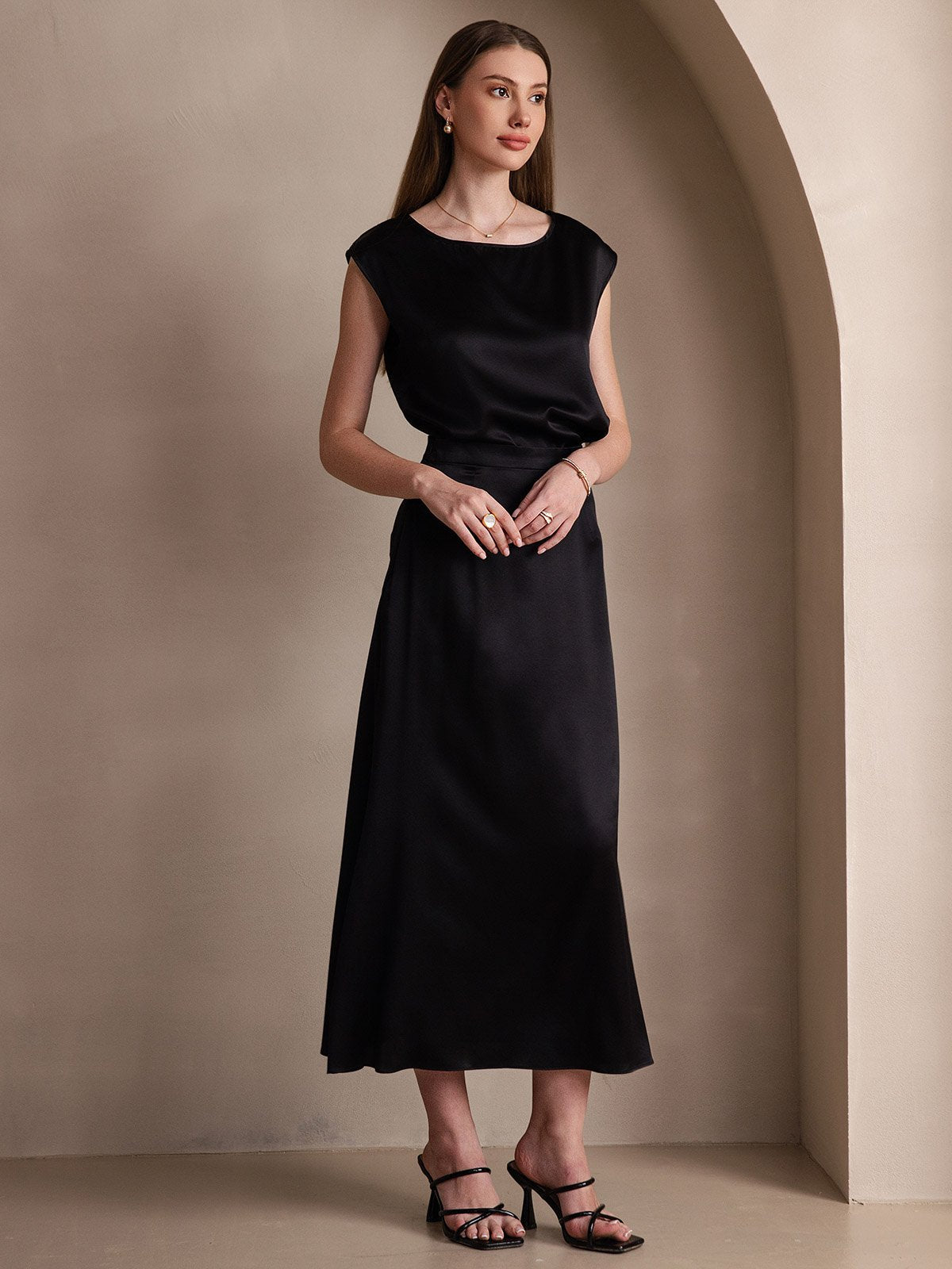 [Black] SilkSilky-UK 19Momme Stretch Silk Charmeuse Skirt 004