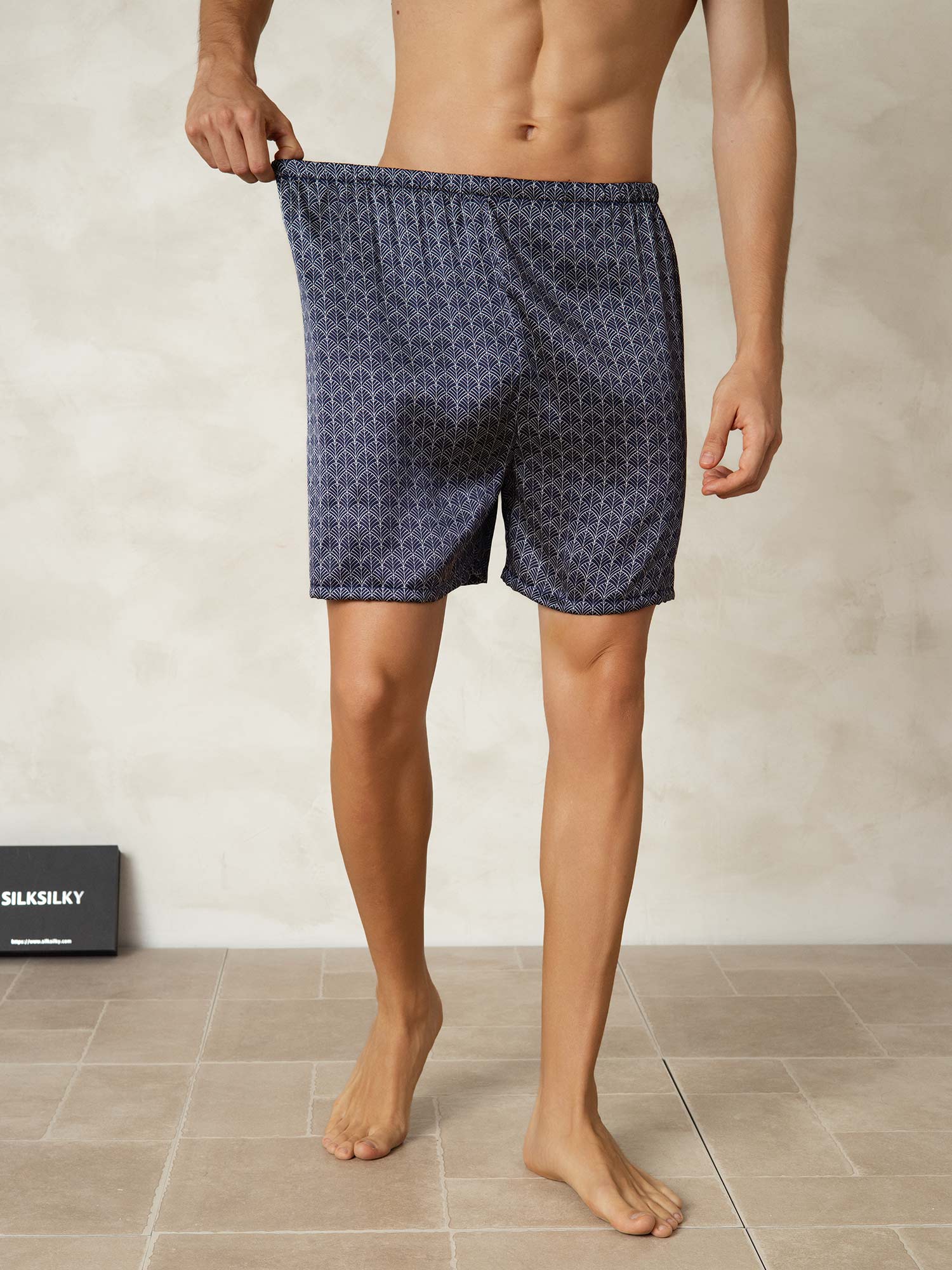 [Navy Ginkgo] SilkSilky-UK 19Momme Pure Silk Mens Sleep Bottoms 004