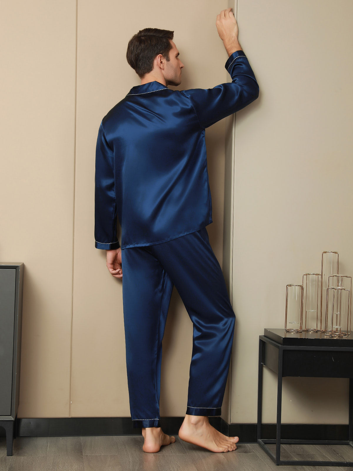 SilkSilky UK Pure Silk Long Sleeve Lapel Men's Pyjamas DarkBlue 002