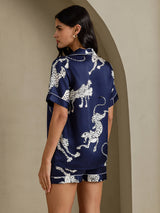 [Navy Cheetah] SilkSilky-UK Short Sleeve Notch Collar Women's Pyjamas 002