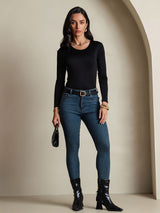 [Black] SilkSilky-UK Silk Jersey Long Sleeve Round Neck Women's T-Shirt 006