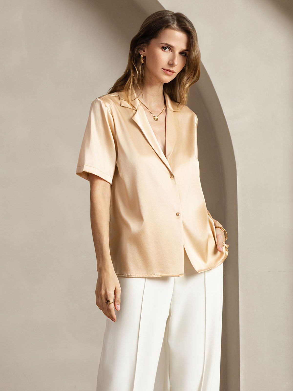 [Champagne] SilkSilky-UK 19Momme Silk Notched Neck Women's Shirt 005
