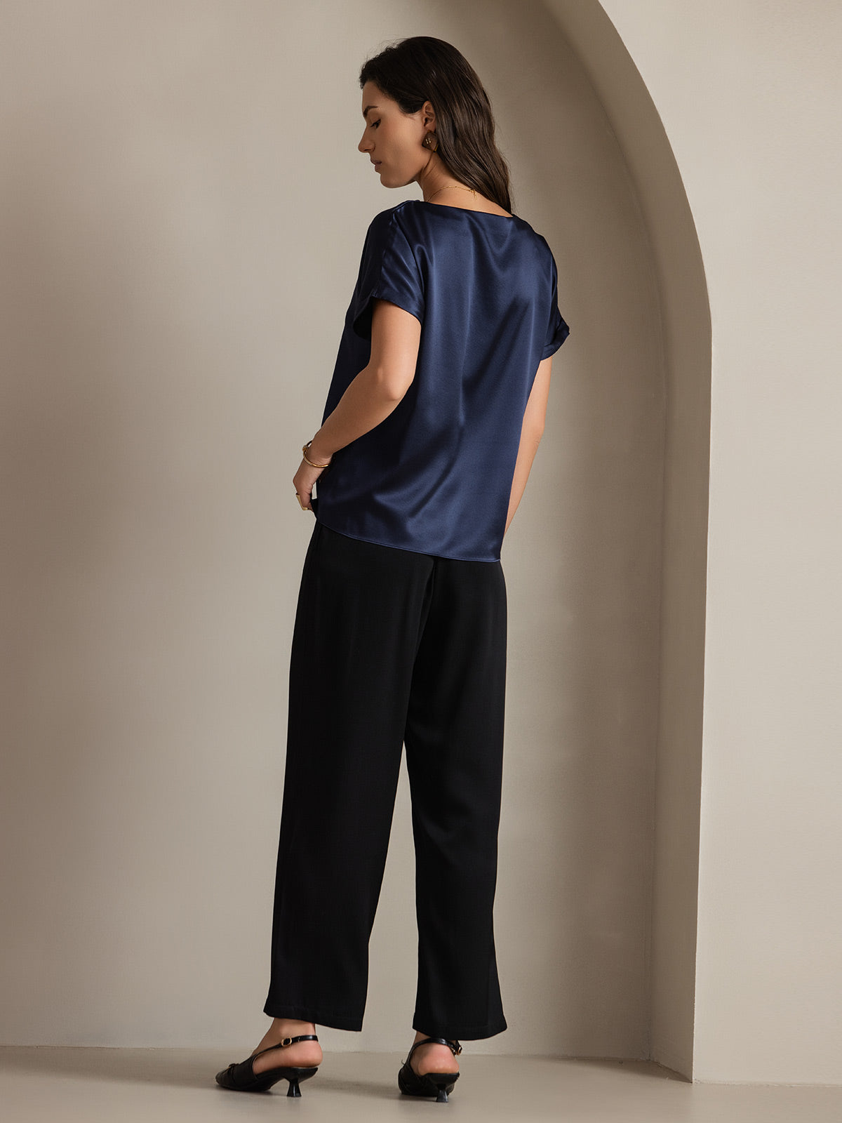 [Dark Blue] SilkSilky-UK 19Momme Silk Short Sleeve Round Neck Women's T-Shirt 002