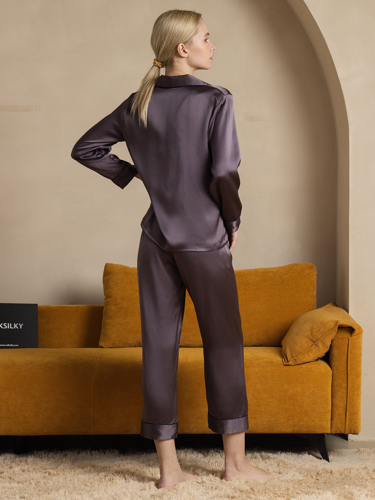 SilkSilky-UK Pure Silk Long Sleeve Lapel Women's Pyjamas PurpleGray 002