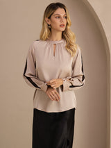 [Tan] SilkSilky-UK Long Sleeve Keyhole Neck Women's Blouse 003