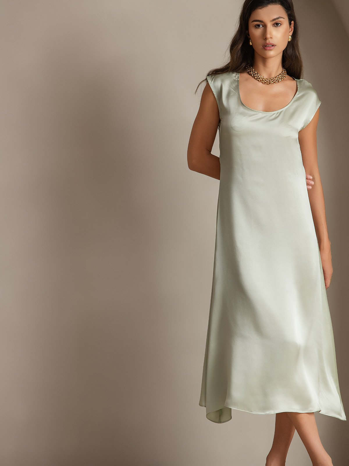 [Light Green] SilkSilky-UK 19Momme Silk Cap Sleeve Round Neck Dress 003