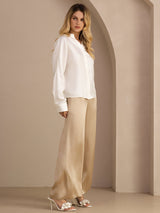 [White] SilkSilky-UK Long Sleeve Split Women's Blouse 005