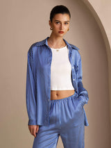 [Blue Pinstripe] SilkSilky-UK Long Sleeve Lapel Collar Women's Outfit Sets 005