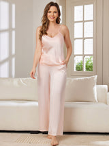 [Pink] SilkSilky-UK Spaghetti Strap V Neck Camisole Set 003