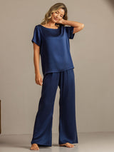 [Dark Blue] SilkSilky-UK 19Momme Machine-Washable Silk Short Sleeve Women's Pyjamas 006