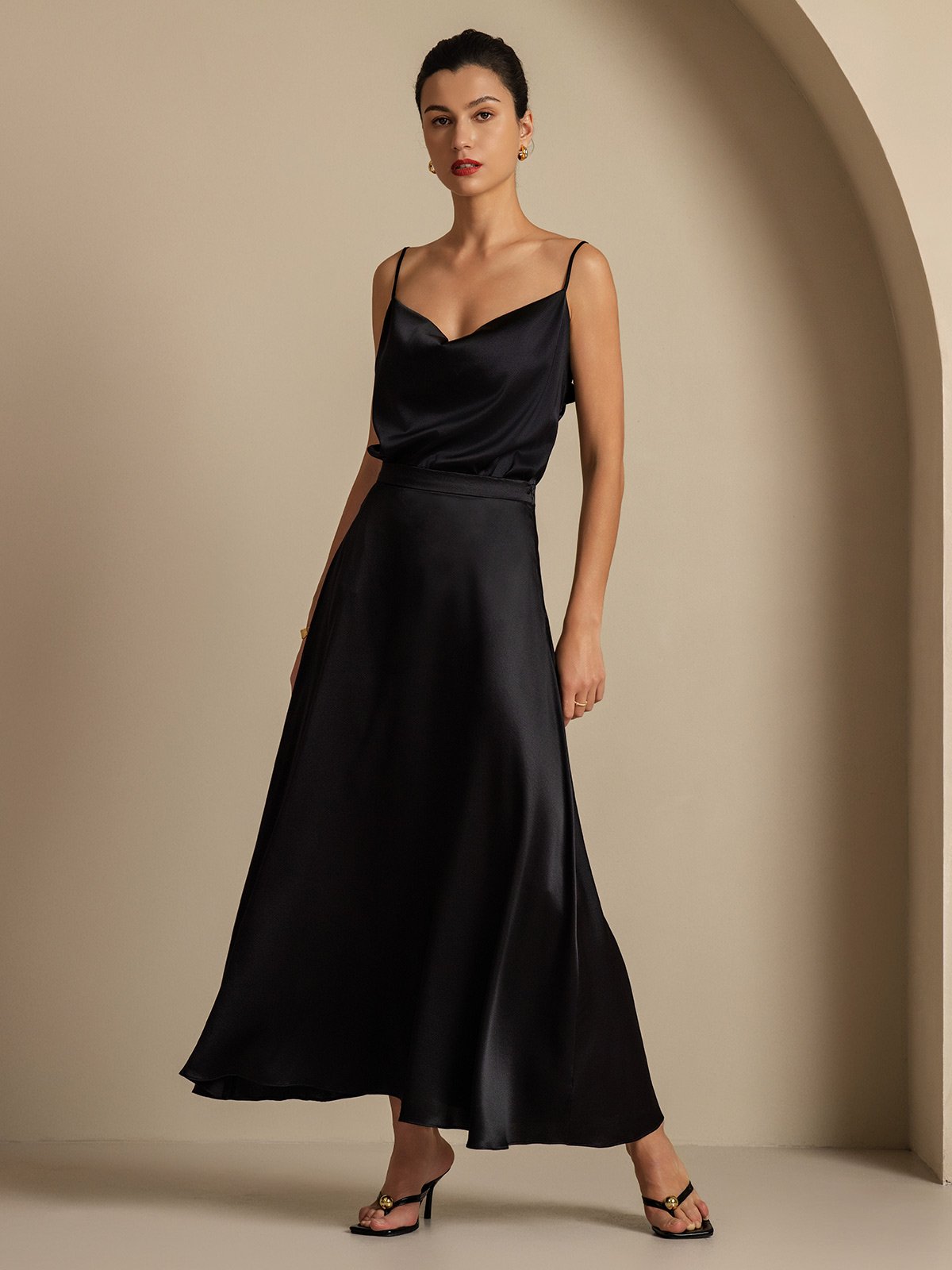 [Black] SilkSilky-UK 19Momme Silk Knitted Cowl Neck Women''s Outfit Sets 009,