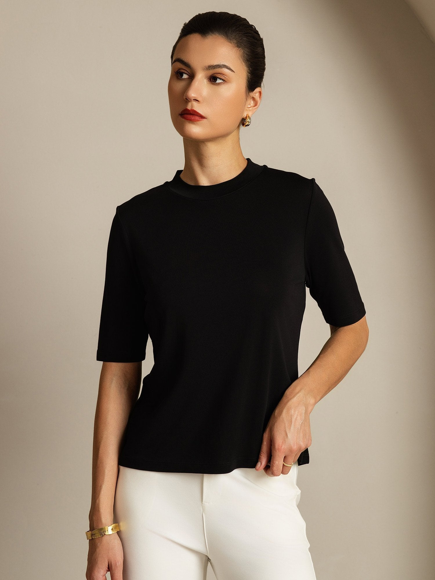 [Black] SilkSilky-UK Pure Silk Round Neck Women's T-Shirt 006