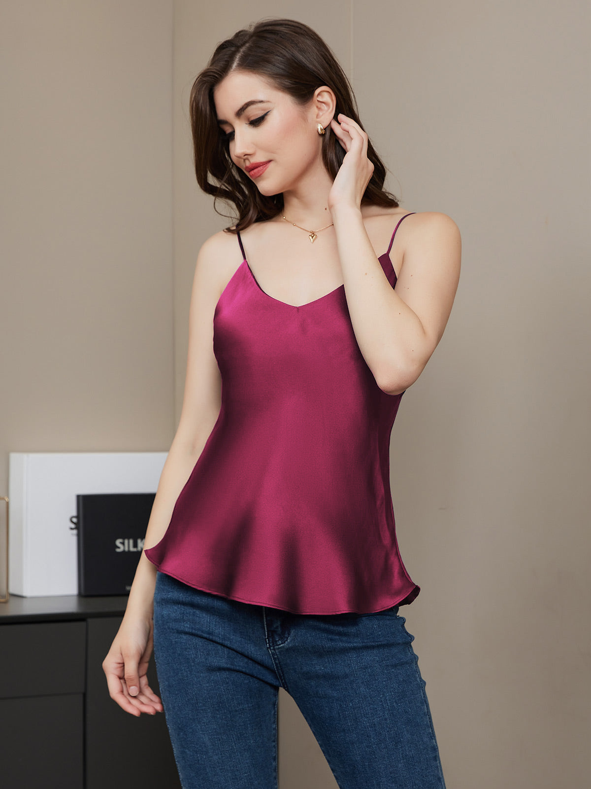 SilkSilky-UK Pure Silk Sleeveless V Neck Camisole Fuchsia 005