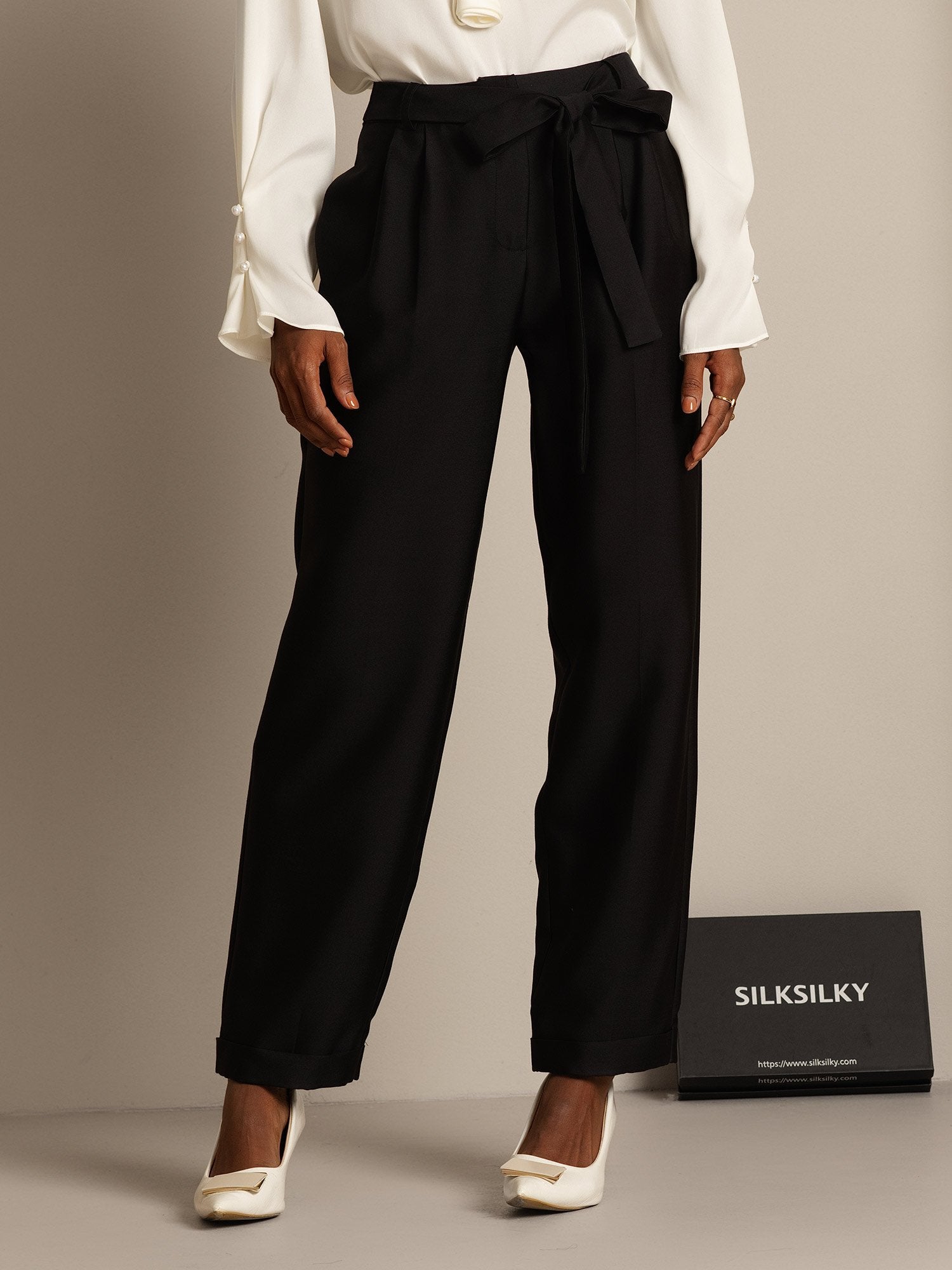 [Black] SilkSilky-UK 32Momme Silk-Wool Blend Womens Pants 006,