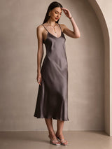 [Dark Khaki] SilkSilky-UK Spaghetti Strap V Neck Dress 007