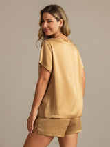 [Tan] SilkSilky-UK 19Momme Machine-Washable Silk Short Sleeve Round Neck Women's Pyjamas 002