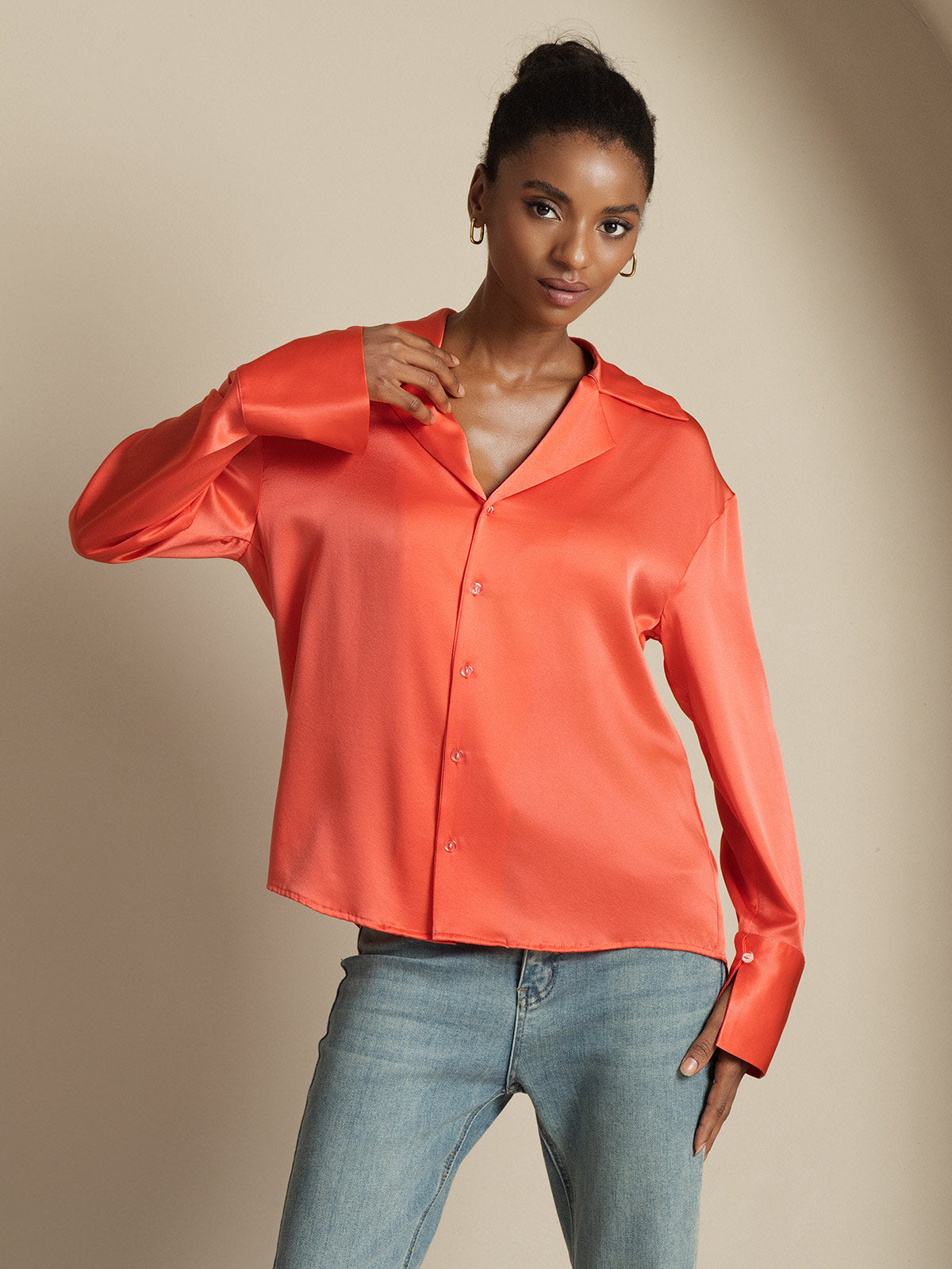 [Imperial Red] SilkSilky-UK 19Momme Silk Notch Collar Women's Shirt 007