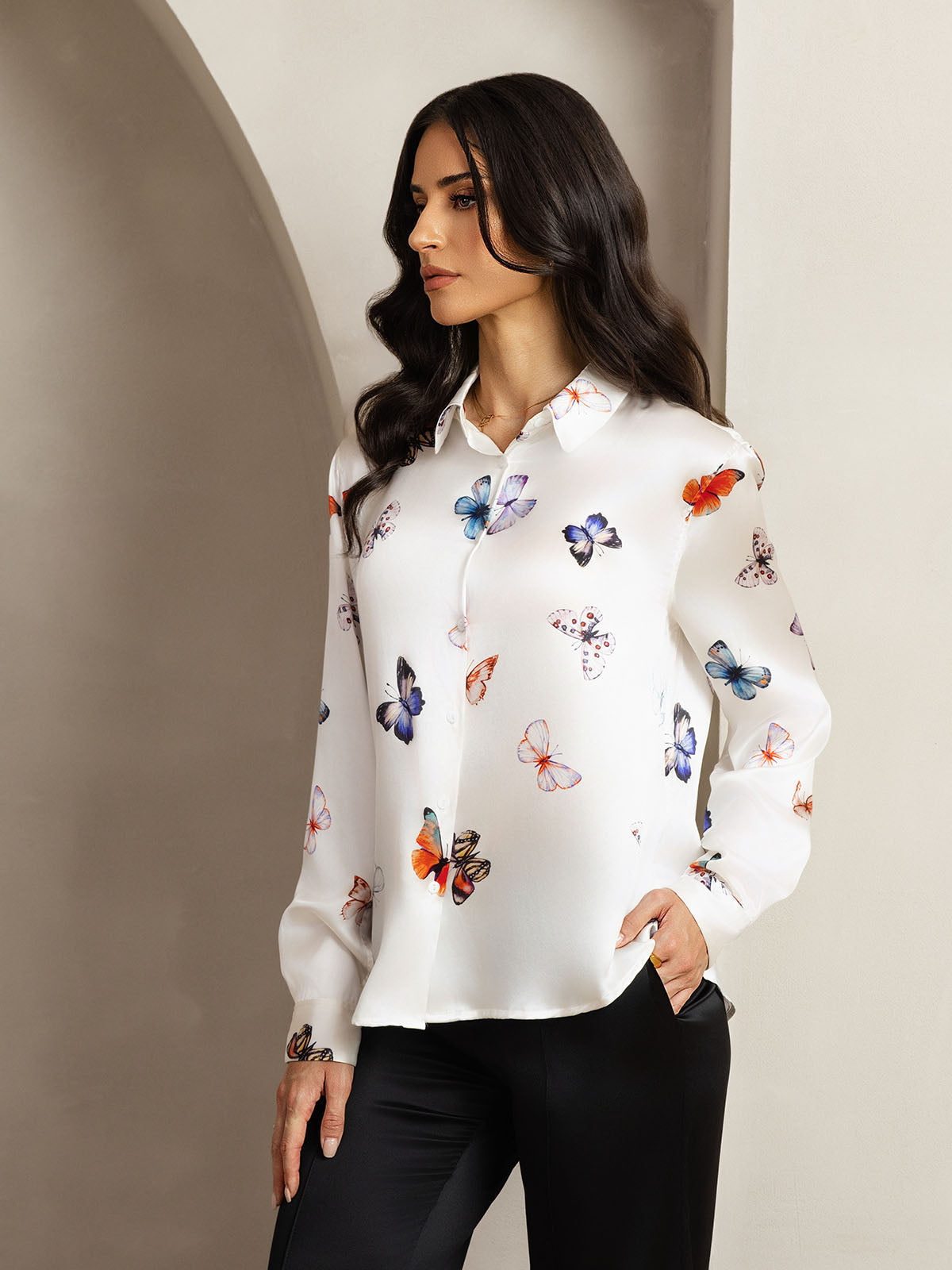 [White Butterfly] SilkSilky-UK Silk Long Sleeve Collar Women's Shirt 006