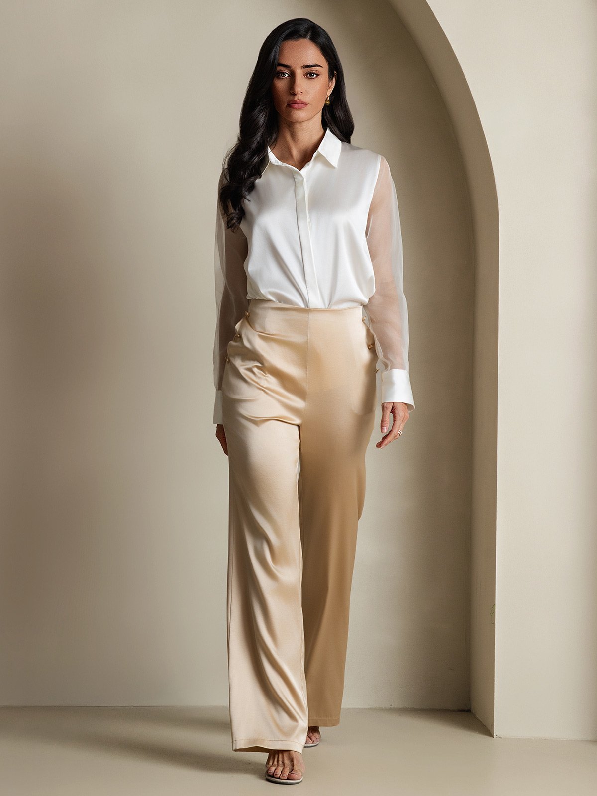 [White] SilkSilky-UK 19Momme Silk Collar Women's Shirt 006